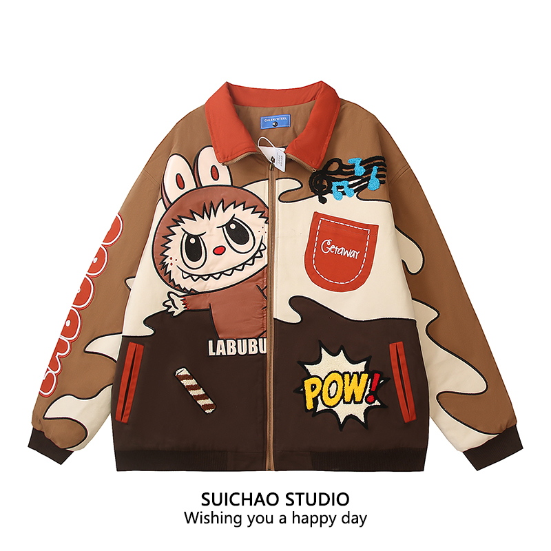 美式复古卡通拉布布刺绣拼接夹克