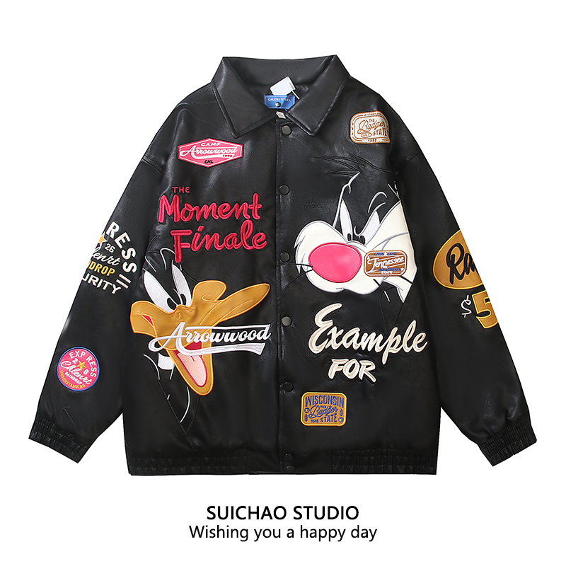 美式复古卡通刺绣PU皮夹克棉服