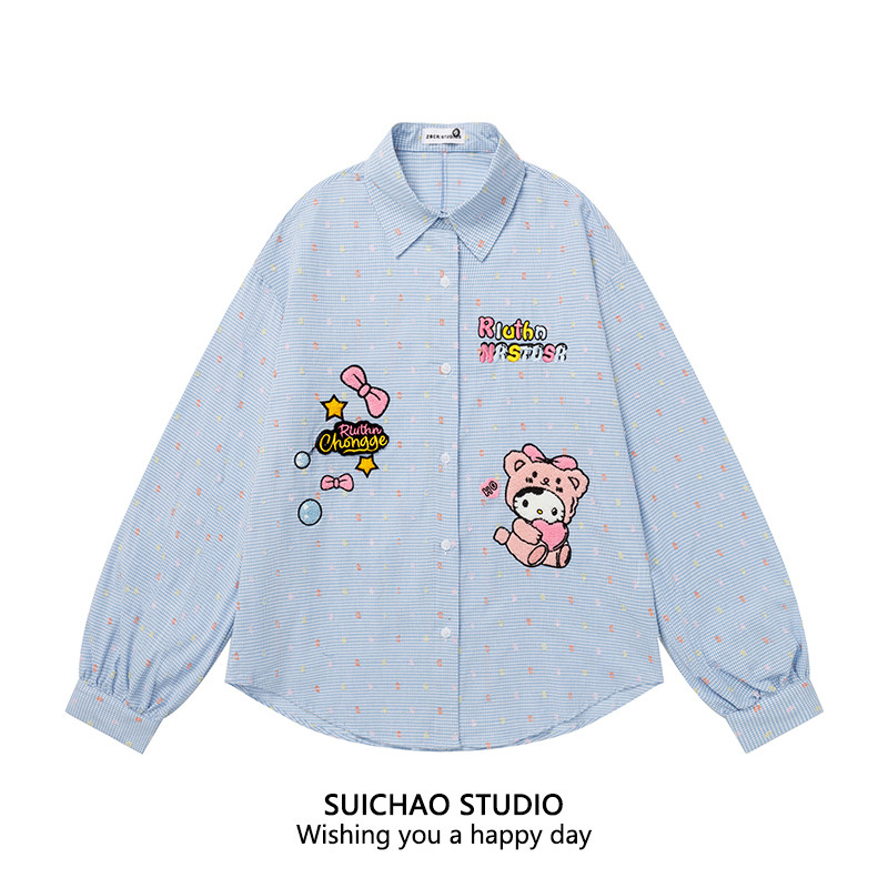SUICHAO 美式彩虹波点卡通植绒格子长袖衬衫男女秋季童趣情侣衬衣
