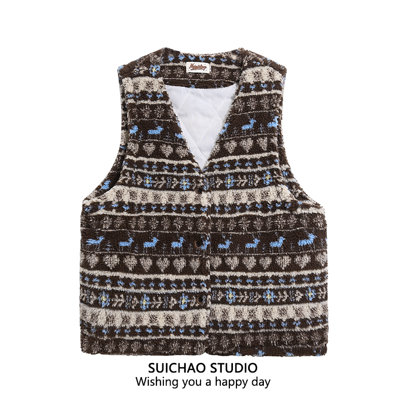 美式复古风费尔岛叠穿马甲外套