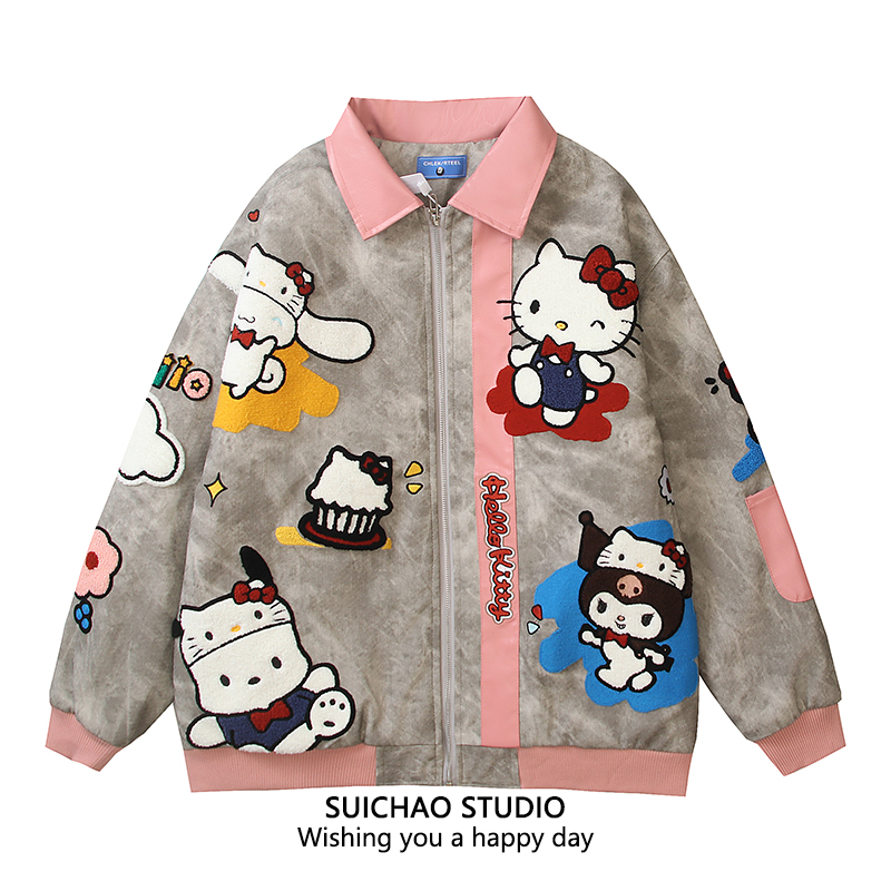 美式HelloKitty植绒PU皮夹克棉服
