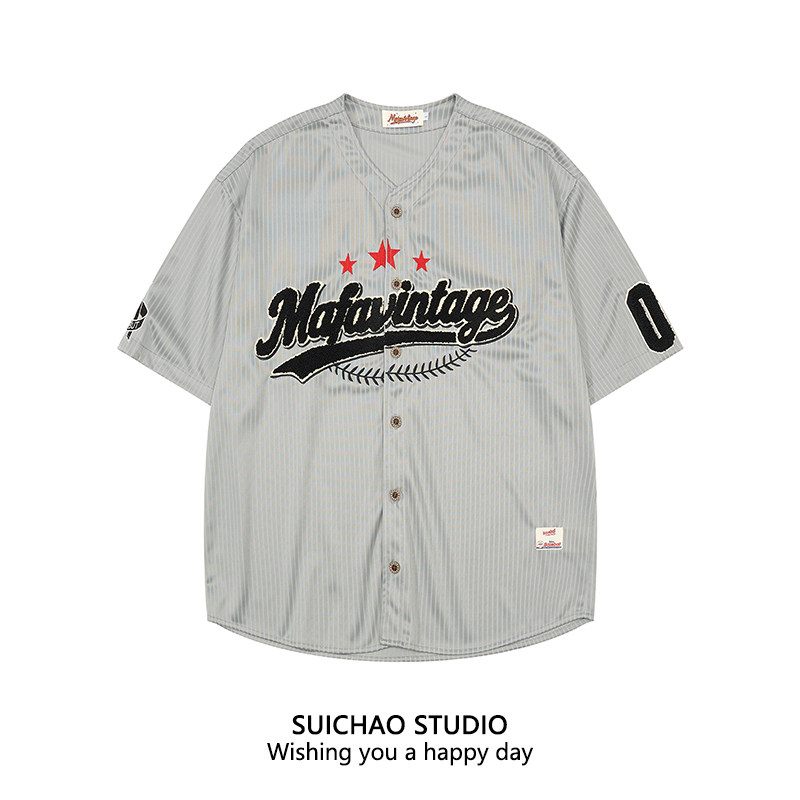 SUICHAO 美式复古字母植绒条纹短袖棒球服开衫嘻哈街头宽松上衣男