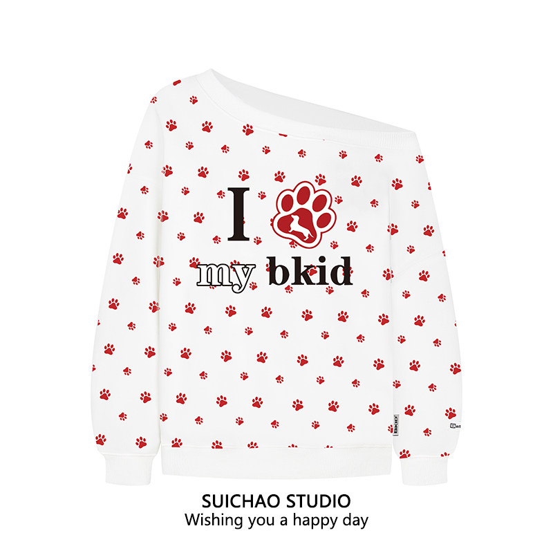 美式blokette风一字肩斜肩卫衣