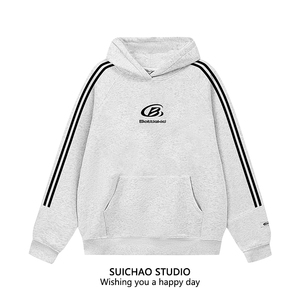 SUICHAO 美式复古三道杠字母印花连帽卫衣春季薄款宽松休闲帽衫男