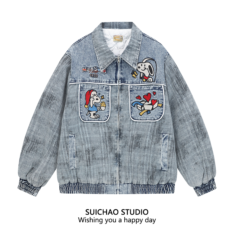 SUICHAO 美式复古卡通史努比刺绣牛仔夹克棉服校园风慵懒宽松外套