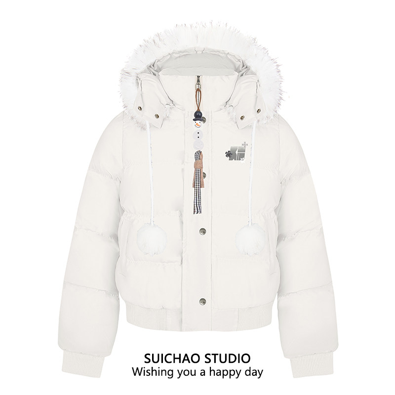 SUICHAO 美式复古风冬季短款雪花元素连帽收腰毛领棉服超好看外套