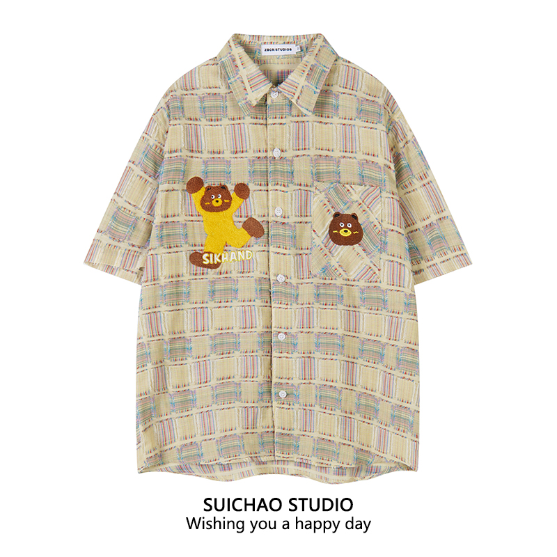 美式小熊植绒纯棉剪花格子衬衫