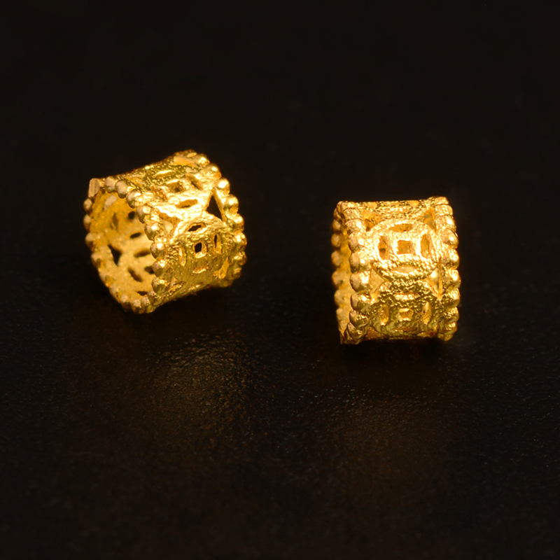 18K金古法镂空铜钱币隔珠大孔配件珍珠DIY手链项链女手串藏线散珠