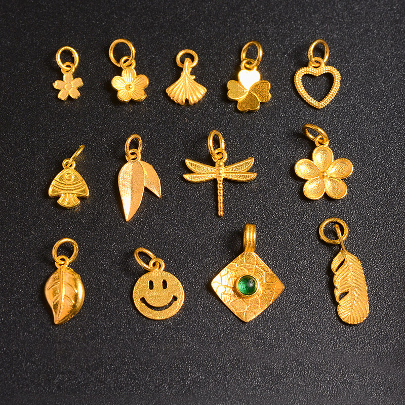 18k金小滴溜吊坠单坠au750笑脸黄金四叶草树叶小花爱心金羽毛桃花