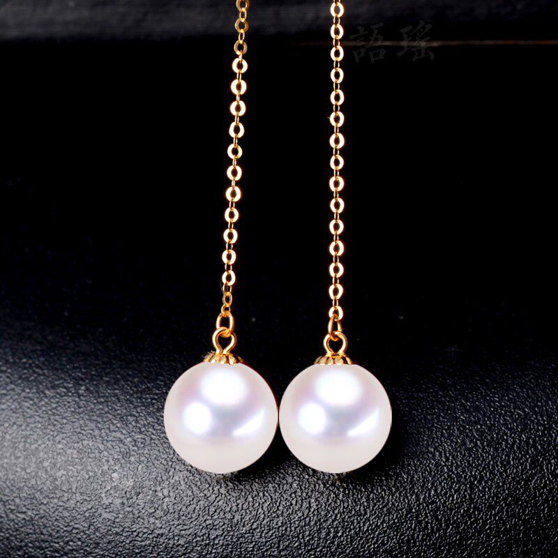 纯18k金珍珠耳线女半孔珠镶嵌巴洛克配件diy彩金au750流苏闪O链