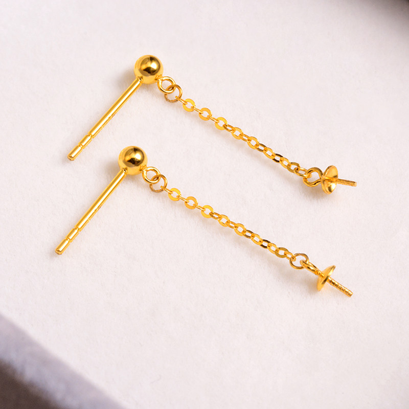 18k金风在吹珍珠耳环配件au750黄金耳钉半孔珠子空托流苏diy耳线