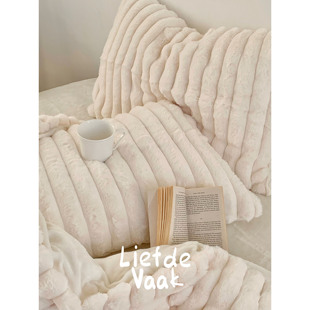 频繁热爱 【奶油霜】米色兔兔绒冬季保暖四件套纯色毛绒床品被套