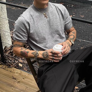 OXFREAK 「老钱风 法尼澳绒」弹性正肩短袖t恤男修身夏季打底衫潮