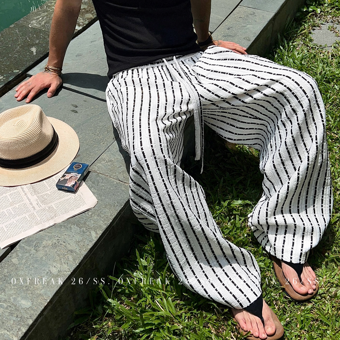 OXFREAK「间断错位条纹」中高腰直筒宽松休闲裤男夏季时髦长裤子