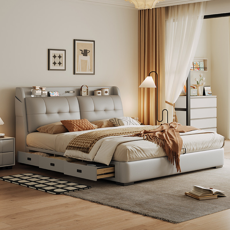 政府补贴可调节带灯床头真皮床高端大气多功能床1.8米主卧储物床