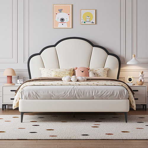 奶油风儿童床白色贝壳床网红高档女孩实木公主简约现代真皮女生床