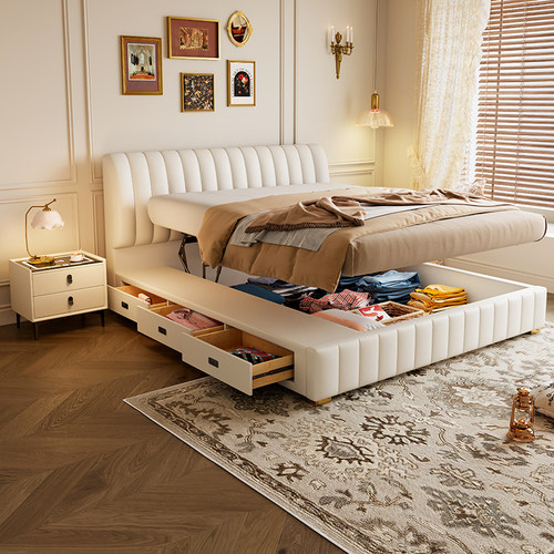 头层牛皮床轻奢双人主卧高端大气奶油风钢琴键软包婚床平移储物床