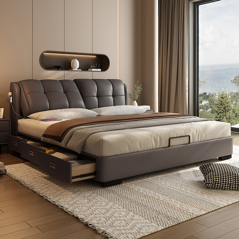 多功能真皮床现代简约可调节抽屉式储物床小户型双人主卧软包婚床