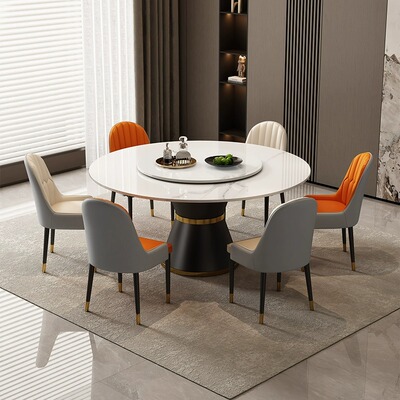 轻奢圆形岩板多人餐桌椅