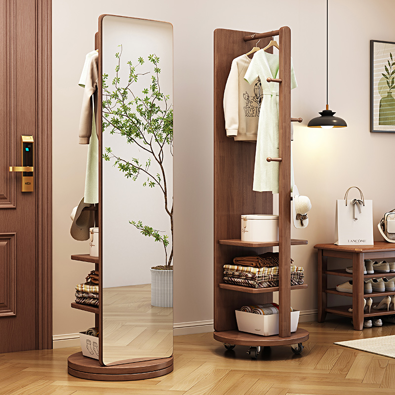 实木穿衣镜全身落地镜家用卧室可旋转移动衣帽架多功能一体试衣镜