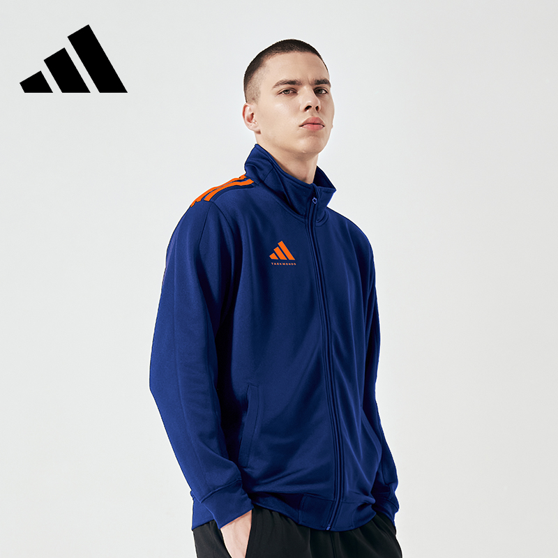 adidas阿迪达斯夹克男女保暖防风经典蓝橘三条纹针织立领运动外套