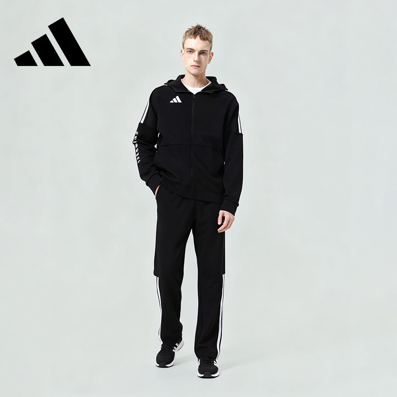 Adidas阿迪达斯男士运动套装休闲舒适连帽夹克长裤两件套春秋套装