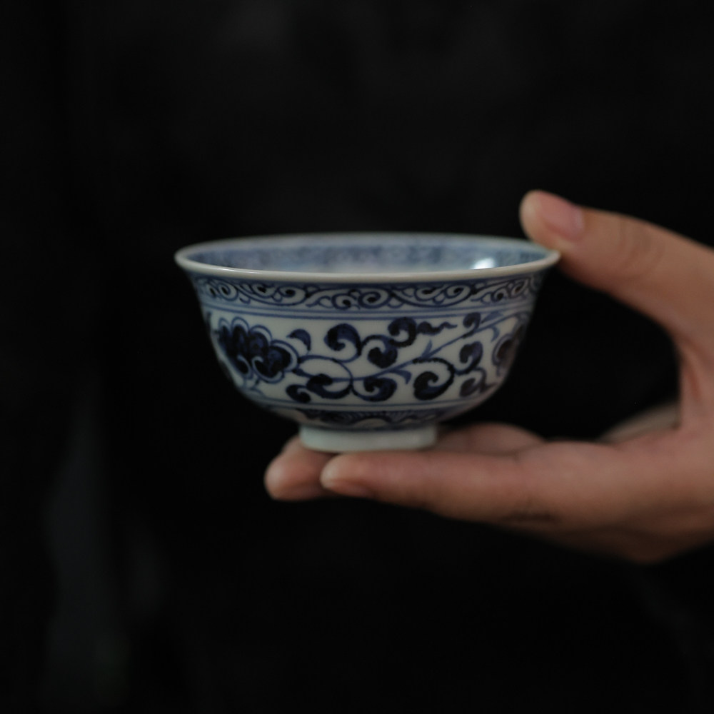 翁宿青花缠枝莲灵芝海浪普洱杯
