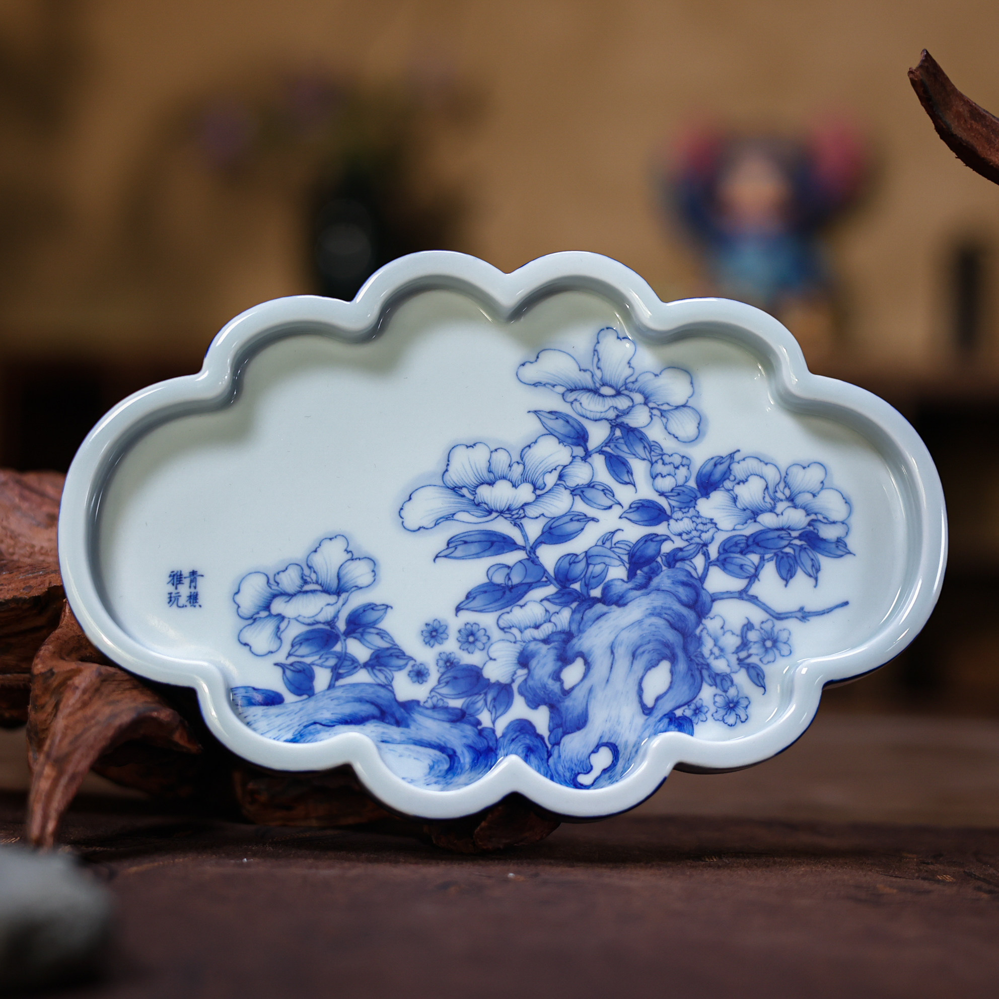 青樵轩青花海棠山茶花烂漫壶承
