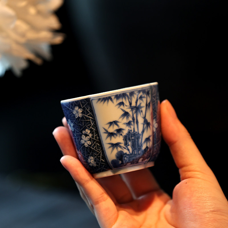 慢叩茶具柴窑青花松竹梅海棠杯