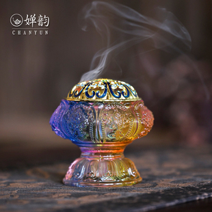 婵韵 七彩炫彩莲花灯宝莲灯香炉烛台香器底座焚香炉香道茶桌摆件