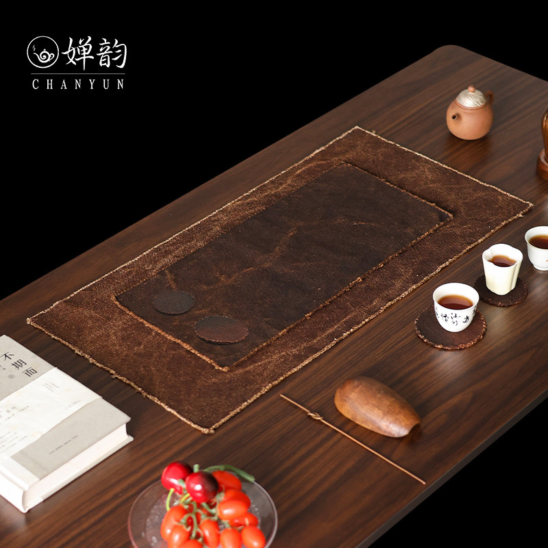 步闲中式复古亚麻棉柿染双层茶席