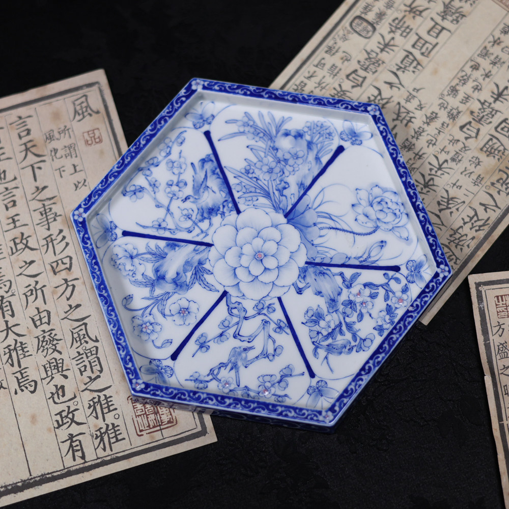 青樵轩荷花桃花蝴蝶六方花鸟壶承