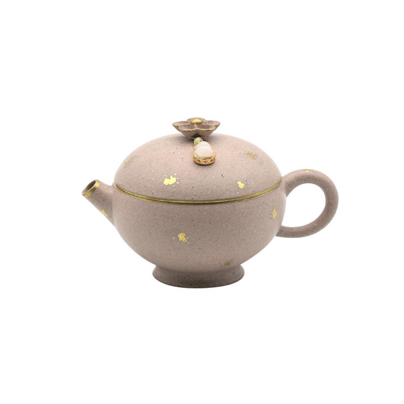 宜兴紫砂窑云粉红桃花泥洒金茶壶