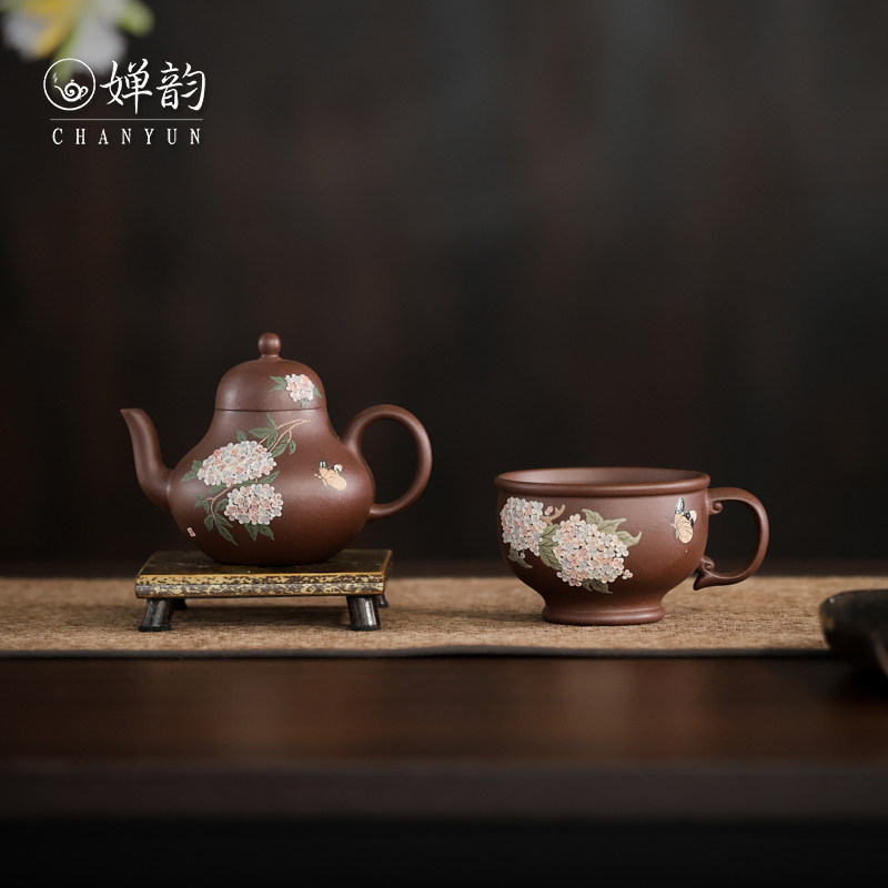 婵韵 窑云紫砂壶紫泥亦缶绣球花思婷壶逸香杯茶杯主人杯复古茶具