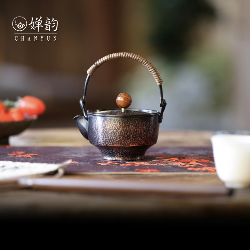 婵韵五福铜器茶壶锤纹黑色提梁壶