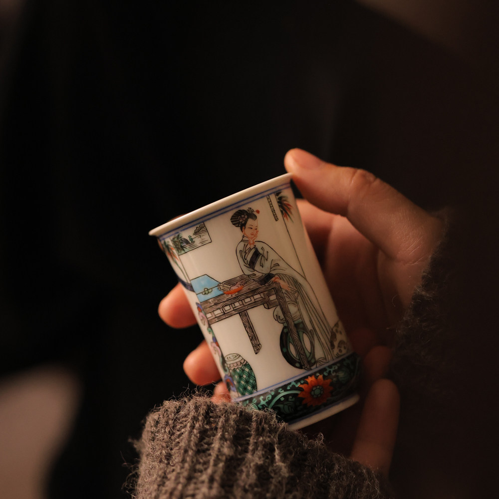 古阅和风青花茶具春闺倦读图杯