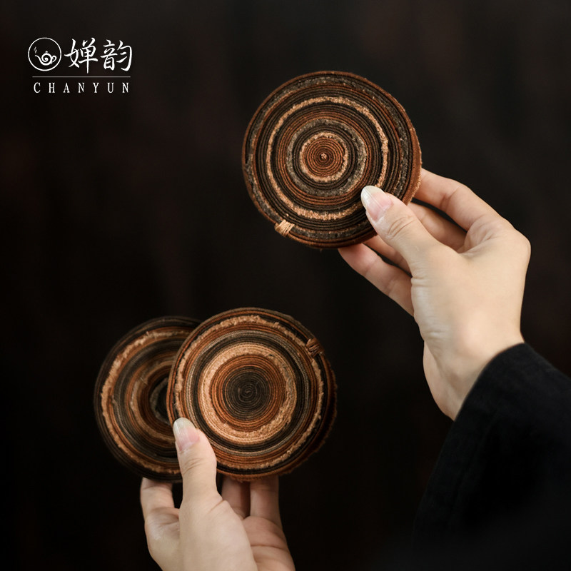 婵韵 步闲手织布年轮木桩杯垫茶垫茶杯垫创意复古家用茶具配件