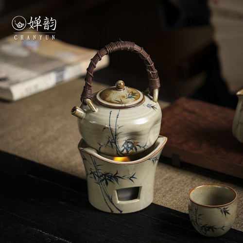 婵韵 央禾仿古竹描金茶壶茶炉煮茶套组提梁壶温茶器复古围炉煮茶
