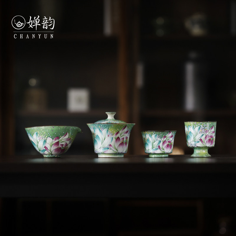 蕉白轩并蒂莲油画风荷花盖碗茶杯