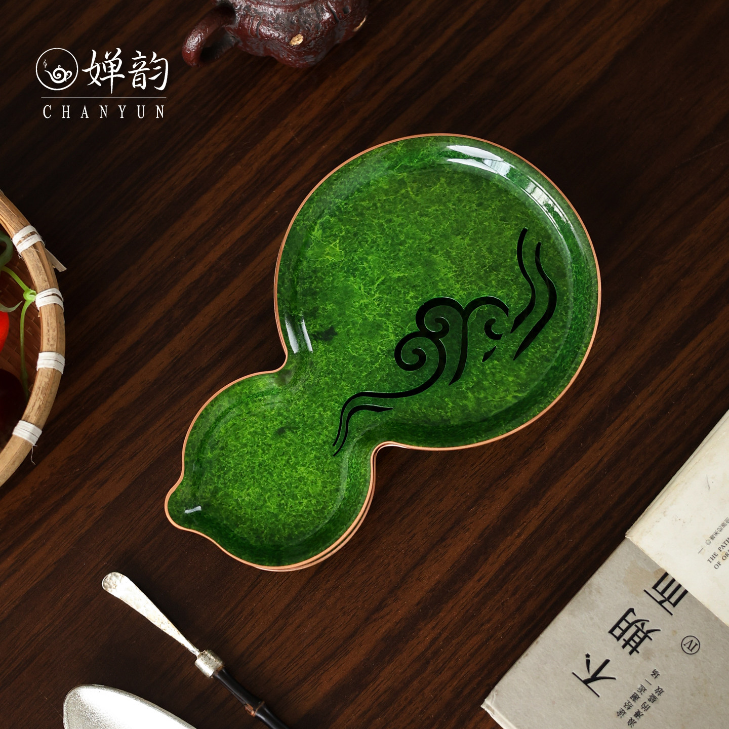 复古铜器孔雀绿色祥云葫芦壶承