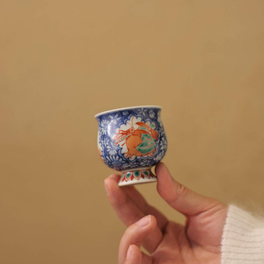 翁宿青花斗彩红绿彩三多高足杯
