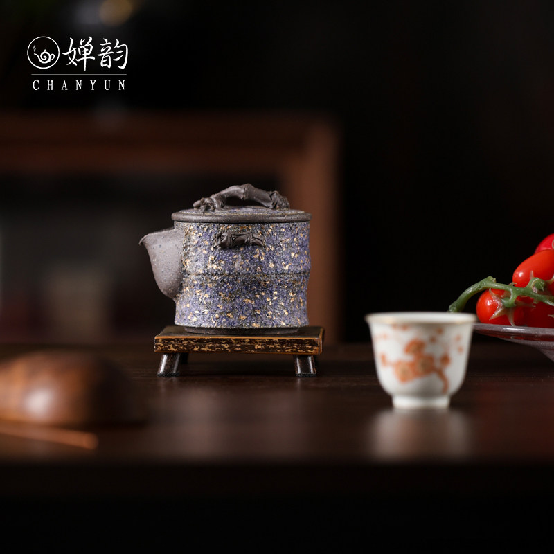 婵韵 高越岩矿茶壶蓝金小竹节手抓壶宝瓶复古家用高档茶具泡茶壶