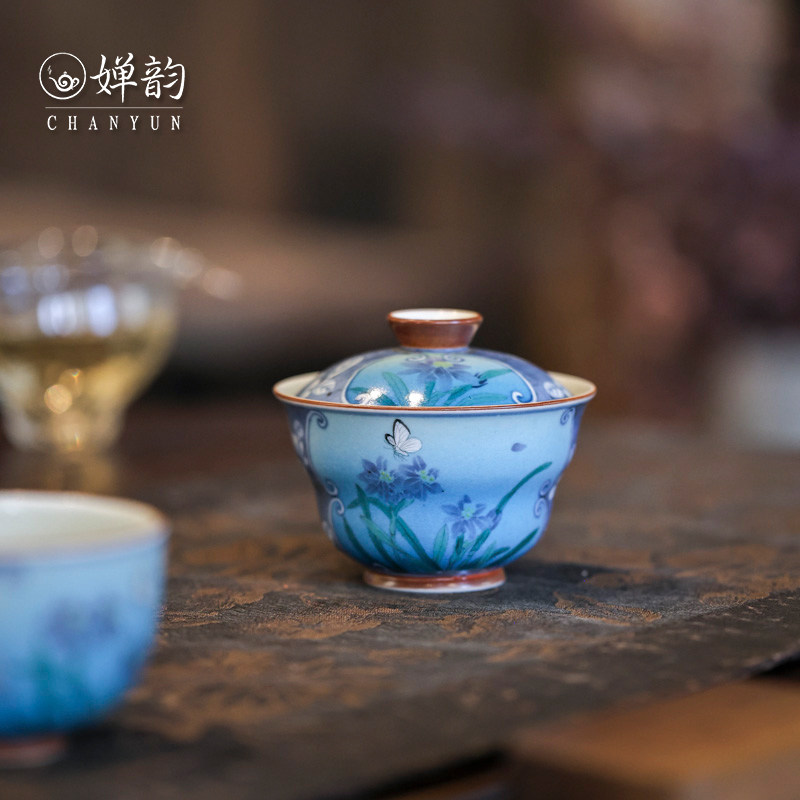 新墨冉斗彩葫芦菊花蝴蝶盖碗茶杯