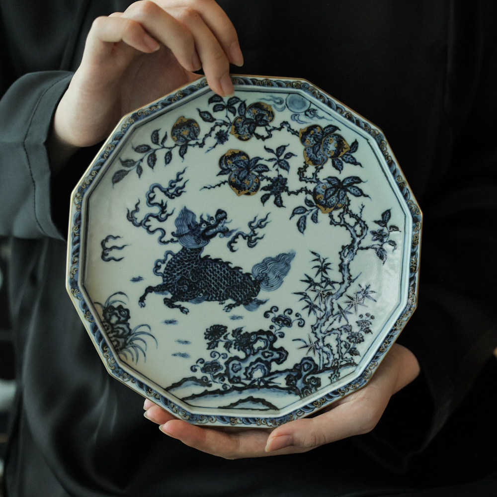 元煦窑茶具青花麒麟望月壶承茶承