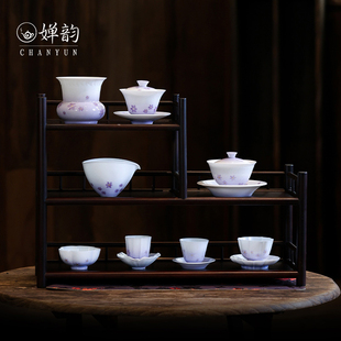 婵韵黄丽君茶具渐变紫小雏菊三才盖碗茶杯单个主人杯梅花杯花口杯