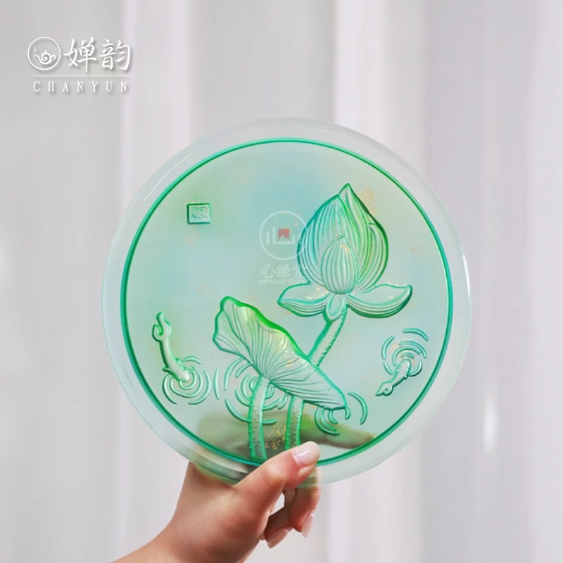婵韵 心缘堂琉璃荷花壶承落玉琉璃盘青绿金荷花壶承复古茶具配件