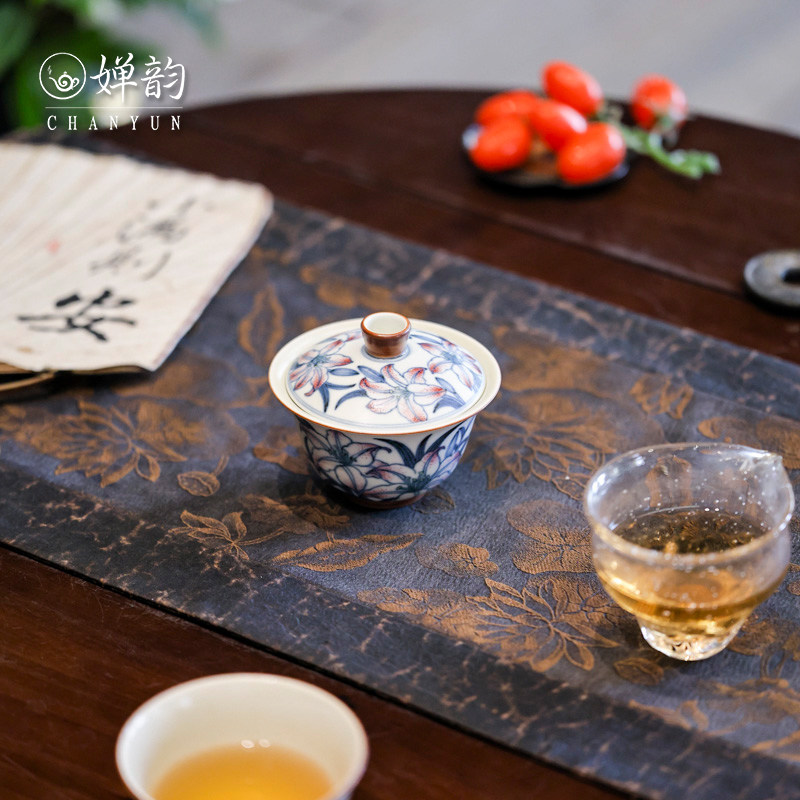 婵韵新墨冉斗彩百合花盖碗茶杯