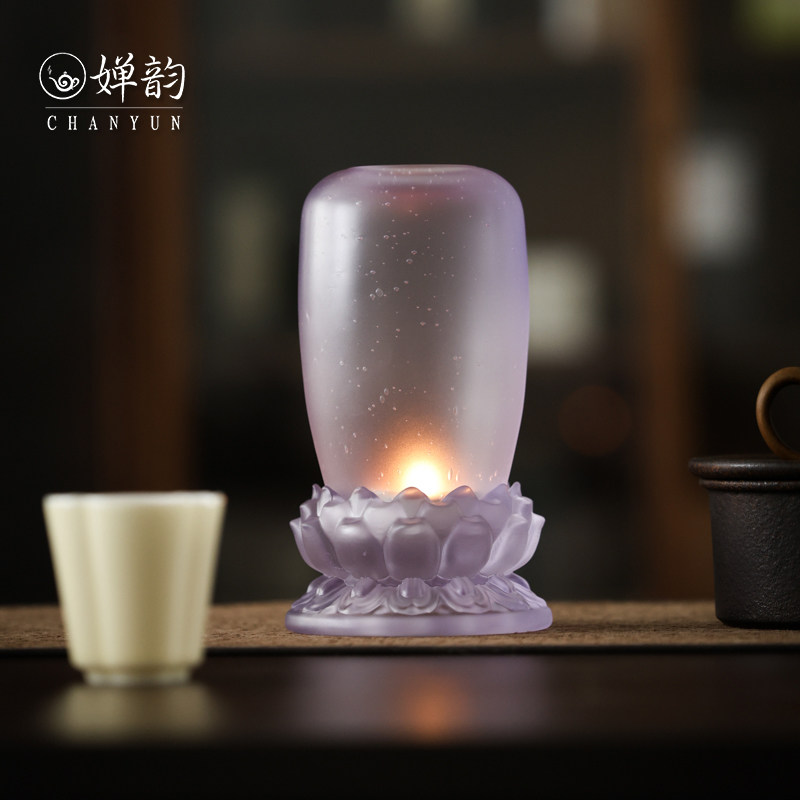 婵韵水晶玻璃琥珀紫色莲花烛台