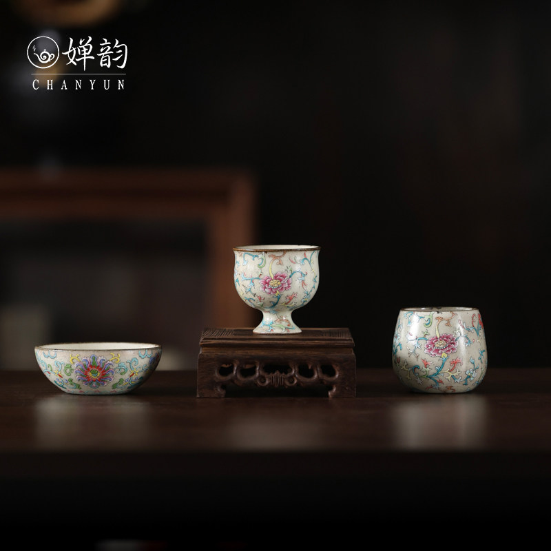 蕉白轩茶杯白粉引缠枝牡丹高足杯