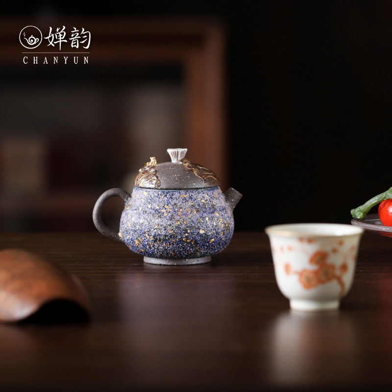 婵韵高越茶具茶壶岩矿蓝金青莲壶
